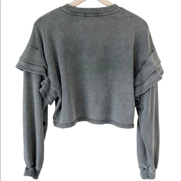 7 For All Mankind Oversized Cropped Sweatshirt Sweater Ruffled Charcoal Grey S - Picture 4 of 11